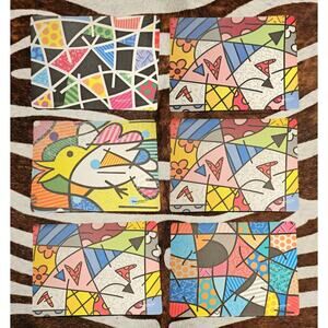 Romero Britto Placemat Set 6 Art Deco Geo Contemporary Abstract Design Lot